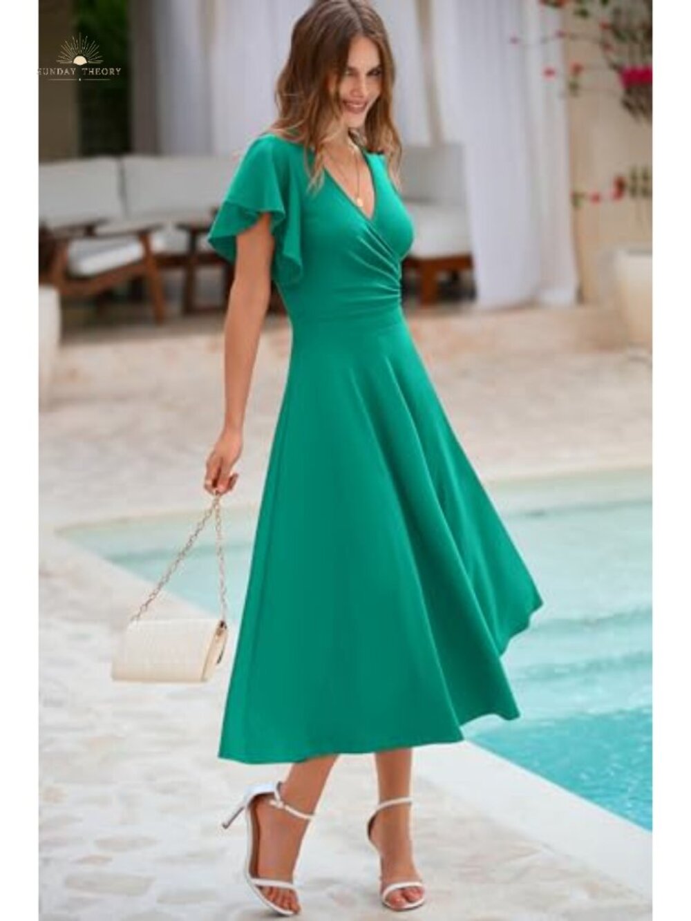 PRETTYGARDEN Wrap V Neck Midi Dress Flowy A-Line Cocktail - Picture 3 of 6